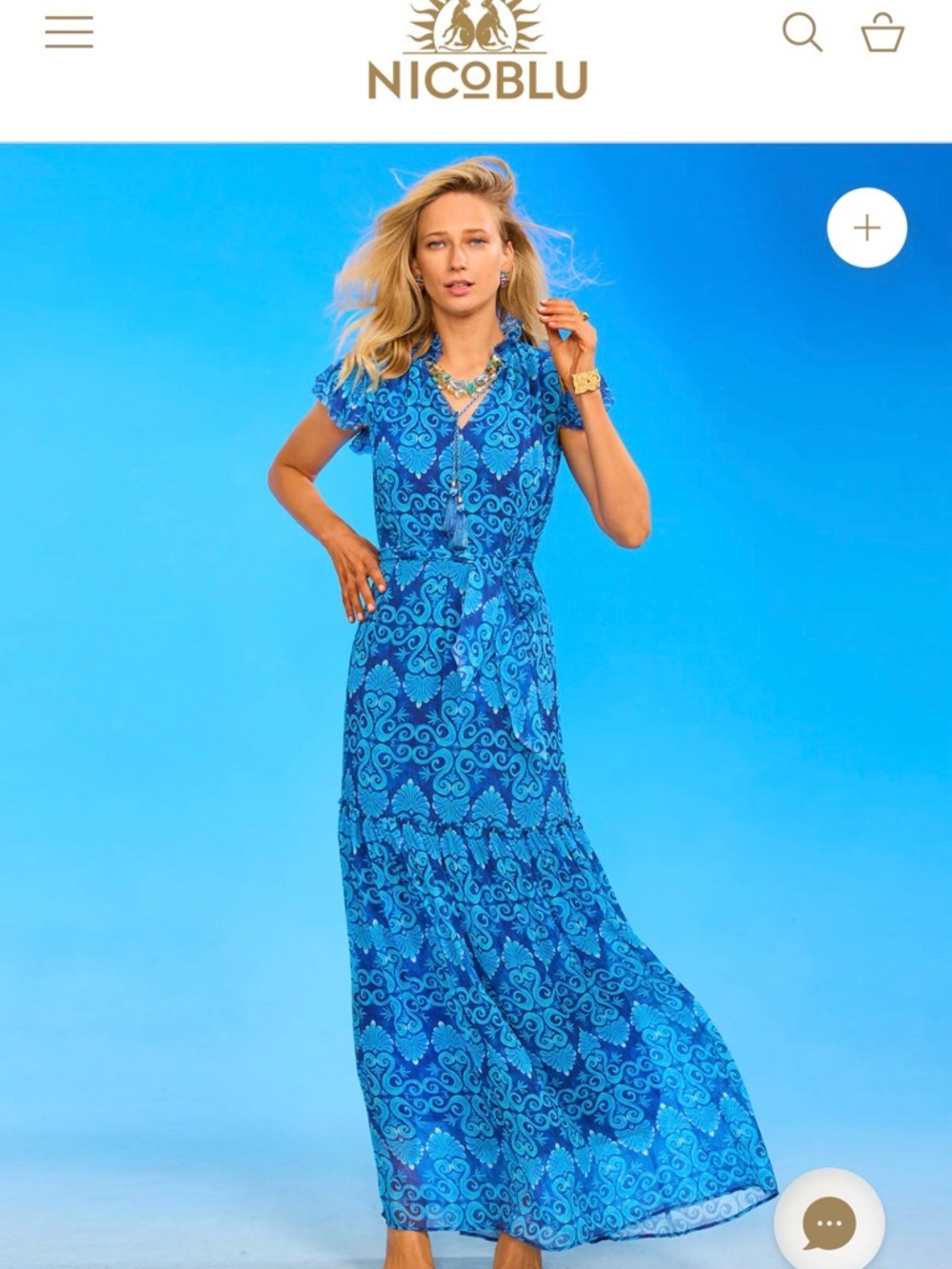 Nicoblu Blue Printed V-Neck Short-Sleeve Maxi Dress with Waist Tie